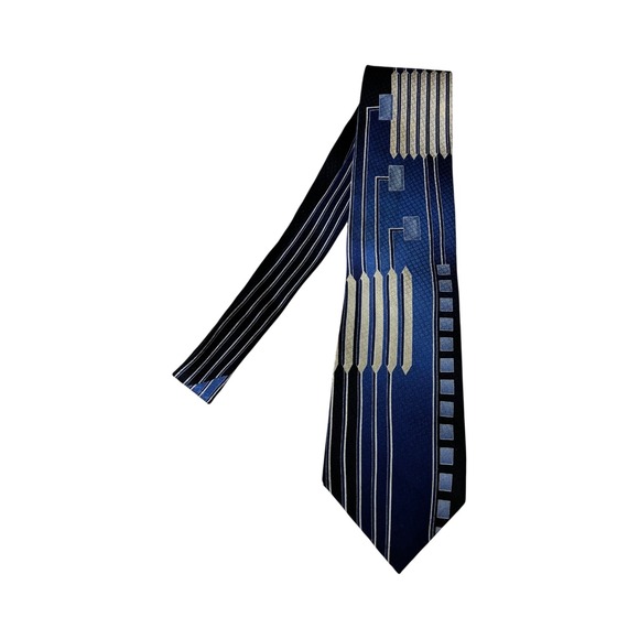 Stacy Adams Mens Silk Necktie Blue Gray Lines Squares Pattern Dress Career - Picture 1 of 4
